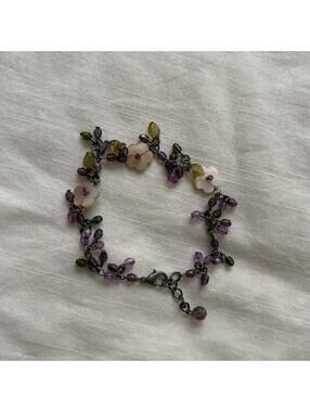 Purple Green Beaded Floral Charm Bracelet Mother Of Pearl Fairycore Coquette